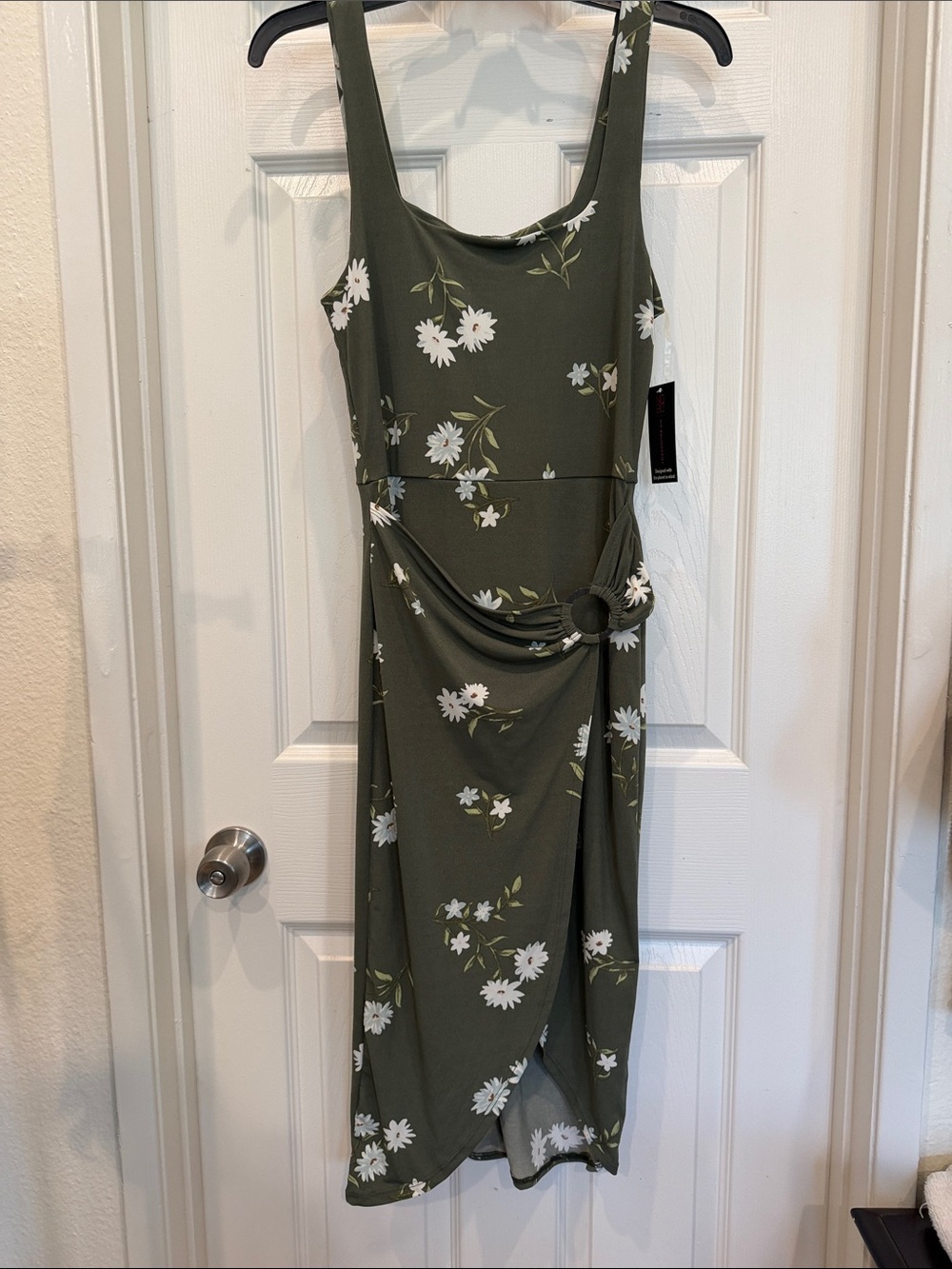 No Boundaries Olive Green Floral Midi Dress with White Daisy Print